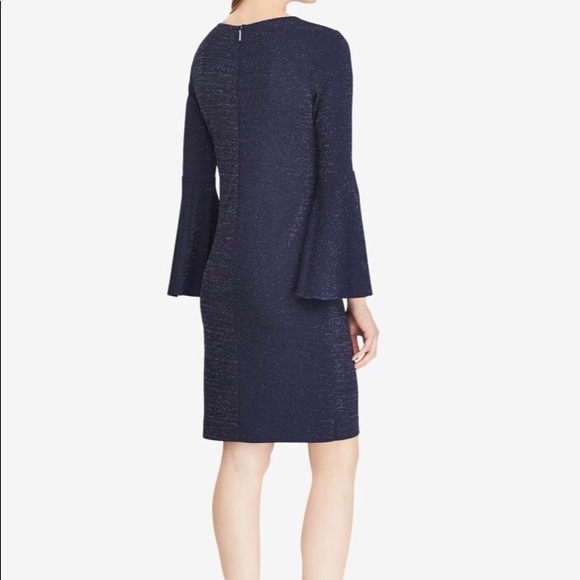 Lauren by Ralph Lauren navy shimmer shift dress with bell sleeves. - Picture 2 of 10